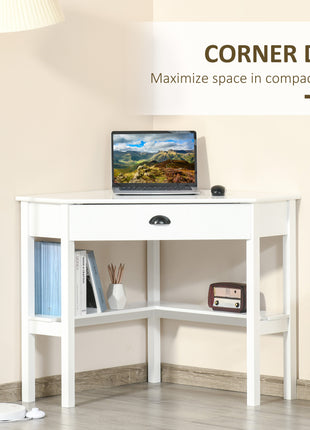 Corner Desk, Triangle Computer Desk with Drawer and Storage Shelves for Small Spaces, Home Office Workstation for Living Room, or Bedroom, White