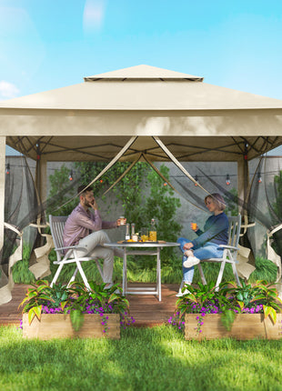 Outdoor Patio Pop Up Canopy Gazebo Shelter with Zipper Netting, Carry Bag, 11' x 11', Beige