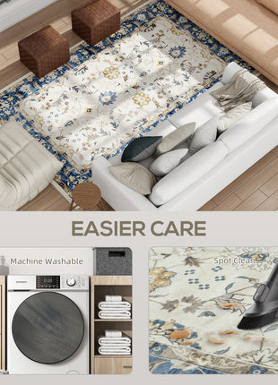 Machine Washable Area Rug 5x7, Non-Slip Boho Floral Print Floor Carpet for Living Room, Bedroom, Dining Room, Blue
