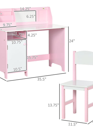 Toddler Table and Chair Set, Kids Writing Desk Homework Table with Whiteboard, Storage Cabinet, Pink