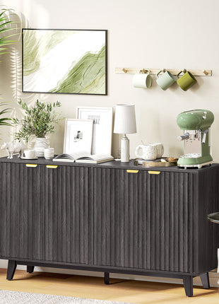 Fluted Sideboard Buffet Cabinet, 55" Coffee Bar Cabinet with 4 Doors, 2 Adjustable Shelves, 5 Wood Legs, Dark Gray