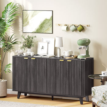 Fluted Sideboard Buffet Cabinet, 55" Coffee Bar Cabinet with 4 Doors, 2 Adjustable Shelves, 5 Wood Legs, Dark Gray
