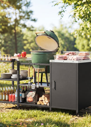 Grill Table for Big Green Egg Grill, Heavy Duty Metal BBQ Prep Table with Stainless Steel Top and Storage Cabinet, Black