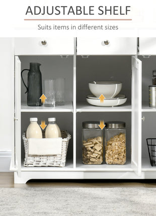 Modern Sideboard with Rubberwood Top, Buffet Cabinet with Storage Cabinets, Drawers and Adjustable Shelves, White