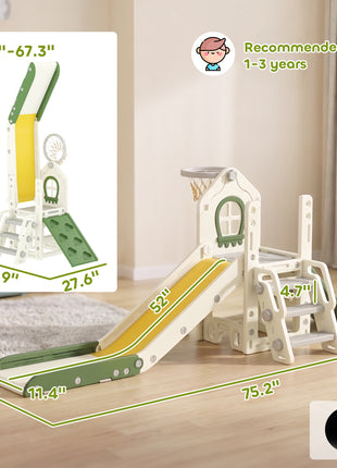 Foldable 5 in 1 Toddler Slide with Ladder, Climbing Wall, Basketball Hoop, Storage and Basketball for 1-3 Years, Cream