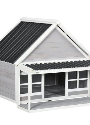 Wooden Dog House with Porch, Dog House Outdoor with Tilt Roof, Front Door, Windows for Medium Large Sized Dog