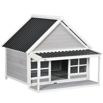 Wooden Dog House with Porch, Dog House Outdoor with Tilt Roof, Front Door, Windows for Medium Large Sized Dog