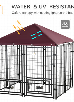 Outdoor Dog Kennel with Rotating Bowl Holders, Pet Playpen with Waterproof Cover, 4.6' x 4.6' x 5', Red