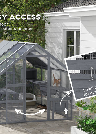 Wooden Catio Outdoor Cat Enclosure with Waterproof Cover, 2 Condos, 6 Platforms, Bridge, Doors, Gray