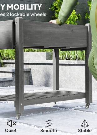 Wood Raised Planter Box, Elevated Garden Bed with Lockable Wheels, Side Tables, Bottom Shelf, Drain Holes, Gray