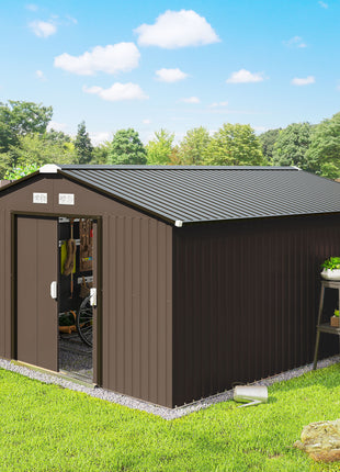 Metal Large Shed with Double Locking Doors Sloped Roof for Garden Tool, Bike Storage, Brown