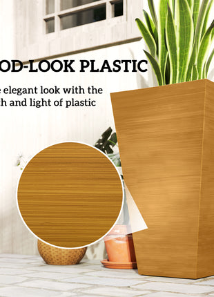 Set of 3 Tall Planters, 28" Outdoor Planter w/ Drainage Holes, Faux Wood Plastic Flower Pots, Light Brown