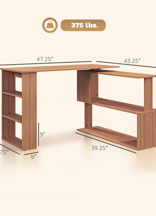 360° Rotating Home Office Desk L Shaped Corner Computer Desk with Storage Shelves, Writing Table Workstation, Teak