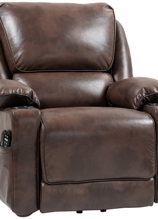 Power Lift Chair for Elderly, Faux Leather Recliner Sofa with Vibration Massage and Heat, Remote, Side Pockets, Brown