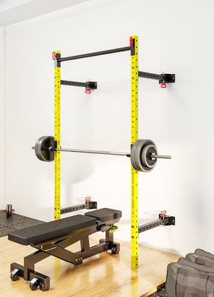 Folding Squat Rack with Pull Up Bar, Wall Mounted and Adjustable, 1000 Pounds Capacity Power Rack, Yellow