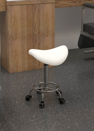 PU Leather Adjustable Stool, Rolling Saddle Stool with Wheels for Massage, Spa, Clinic, Beauty and Tattoo, White