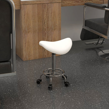 PU Leather Adjustable Stool, Rolling Saddle Stool with Wheels for Massage, Spa, Clinic, Beauty and Tattoo, White
