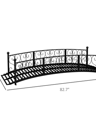 7' Metal Arch Garden Bridge Arc Footbridge with Side Railings Decorative Scrollwork, Black