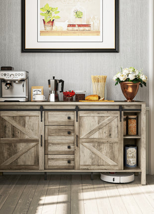 59" Buffet Cabinet, Farmhouse Sideboard with Thick Top, 2 Barn Doors, 4 Drawers and 2 Adjustable Shelves, Gray Wash