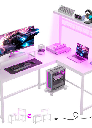 61.6" L Shaped Gaming Desk with Power Outlets & LED Lights, Computer Desk with Monitor Stand and CPU Shelf, White