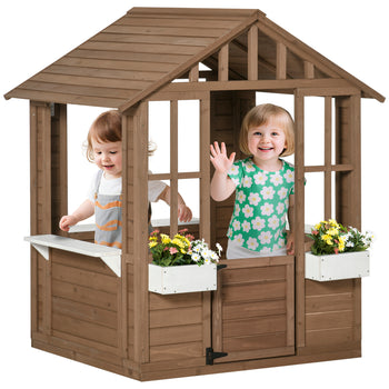 Kids Wooden Playhouse, Outdoor Garden Games Cottage with Flowers Pot Holder, Working Door, Windows, Brown