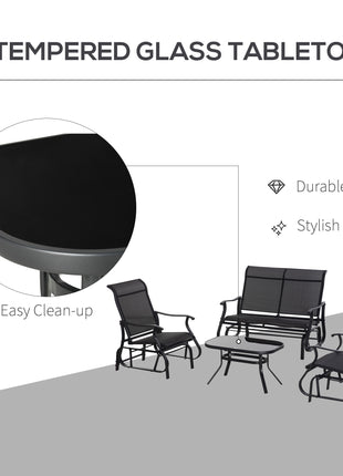 4 Pieces Gliders Set, Outdoor Furniture Sets with 2-Person Glider Patio Bench, Single Sling Chair and Glass Coffee Table for Backyard, Lawn and Garden, Black