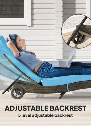 Patio Wicker Chaise Lounge Chair, Outdoor PE Rattan Sun lounger with Adjustable Backrest and 2 Wheels, Sky Blue