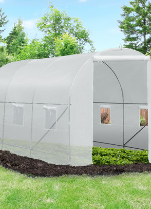 15' x 7' x 7' Walk-In Tunnel Greenhouse, Large Garden Hot House Kit with 6 Roll-up Windows & Roll Up Door, Steel Frame, White