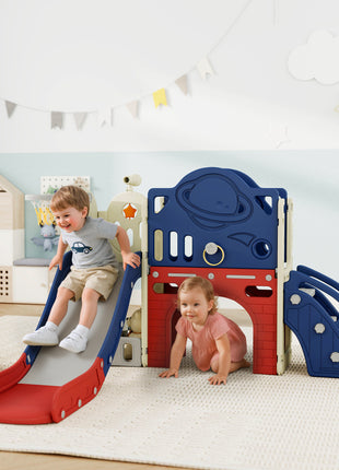 8-in-1 Toddler Slide Set with Basketball Hoop, Indoor Outdoor Playground Playset for Kids, Blue