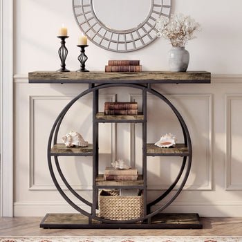 39.4" Console Table with Storage Shelves, Industrial Sofa Table for Living Room, Hallway, Rustic Oak