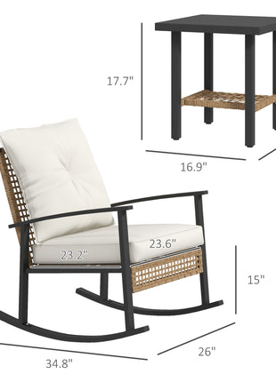 3 Pieces Bistro Set, Patio Wicker Furniture Set with Button Tufted Cushions, Rattan Rocking Chairs, Coffee Table, White