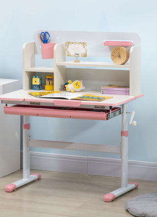 Wooden Kids Study Desk, Height Adjustable Children School Study Table, Student Writing Desk with Tilt Desktop, Drawer, Storage Shelf, Pen Holder, Pink