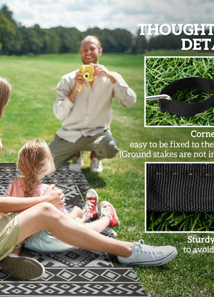 Reversible Outdoor Rug, Waterproof Plastic Straw with Carry Bag, 9' x 18', Black & Gray Rhombus Border