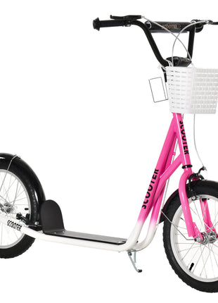 Youth Scooter, Kick Scooter with Adjustable Handlebars, Double Brakes, 16" Inflatable Rubber Tires, Basket, Cupholder, Pink