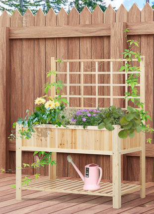 47" Wooden Raised Garden Bed with Trellis, Coutryside Style Elevated Planter Box Stand with Open Storage Shelf, Spacious Planting Area for Vegetables, Herbs, Flowers