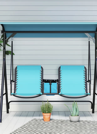 2 Person Porch Swing with Canopy, Storage Table, Cup Holder, Blue