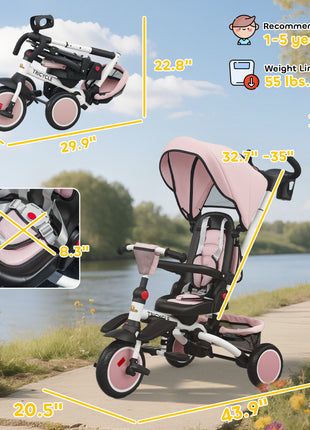 6 in 1 Kids Tricycle with Adjustable Push Handle, Removable Canopy, Reversible Seat, for 1-5 Years, Pink