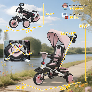 6 in 1 Kids Tricycle with Adjustable Push Handle, Removable Canopy, Reversible Seat, for 1-5 Years, Pink
