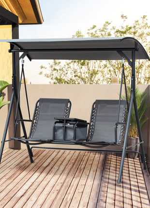 2-Seat Outdoor Porch Swing, with Pivot Storage Table, Cup Holder, & Adjustable Overhead Canopy, Stand's Skid-Resistant Feet Pad, Breathable Mesh Seat, Steel Frame, for Patio, Gray