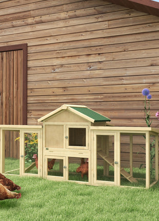 Wooden Chicken Coop ith Nesting Box, Double Runs, Removable Tray, Ramps, for Garden Backyard