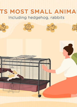 48" L Small Animal Cage, Pet Play House for Rabbit Hutch or Ferret with Feeder, Rolling Wheels, Platform, Ramp
