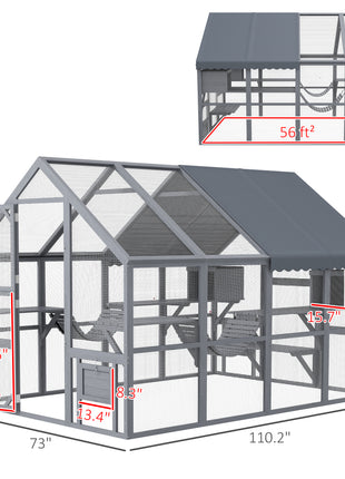 Wooden Catio Outdoor Cat Enclosure with Waterproof Cover, 2 Condos, 6 Platforms, Bridge, Doors, Gray