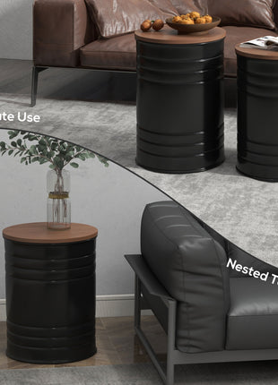 Round Storage Ottoman Set of 2, Nesting Ottomans with Wooden Lid, Metal Frame and Hidden Storage Space for Bedroom
