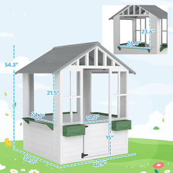 Kids Wooden Playhouse, Outdoor Garden Games Cottage with Flowers Pot Holder, Working Door, Windows, White