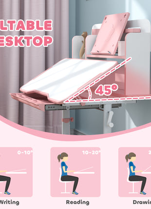 Height Adjustable Kids Desk and Chair Set for Writing Drawing w/ Tilt Desktop, Storage Drawer and Reading Rack, Pink