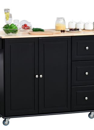 Storage Trolley Cart on Wheels, Mobile Kitchen Island with Drop Leaf, Towel/Spice Rack, 3 Drawers, 2-Door Cabinet, Black