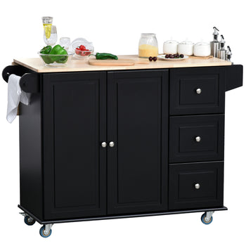 Storage Trolley Cart on Wheels, Mobile Kitchen Island with Drop Leaf, Towel/Spice Rack, 3 Drawers, 2-Door Cabinet, Black