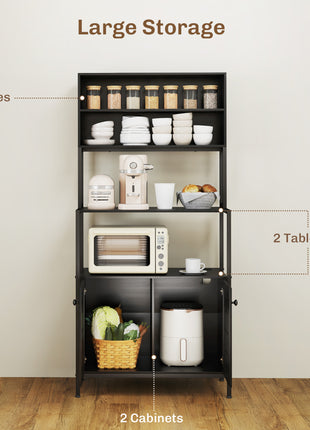 Baker's Rack with Power Outlet and Storage Shelves, Microwave Stand with Louvred Door Cabinets, Black