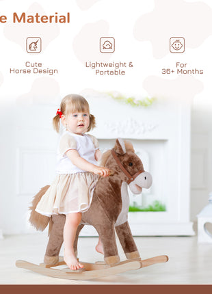 Kids Rocking Horse with Soft Plush Body, Wooden Base & Handle Grip for Years 3+