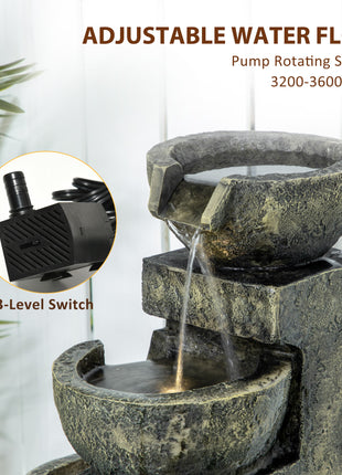 Small Outdoor Fountain with 4-Tier Stone Bowls, Adjustable Waterfall Flow & LED Lights, Perfect for Patio & Zen Garden, Gray